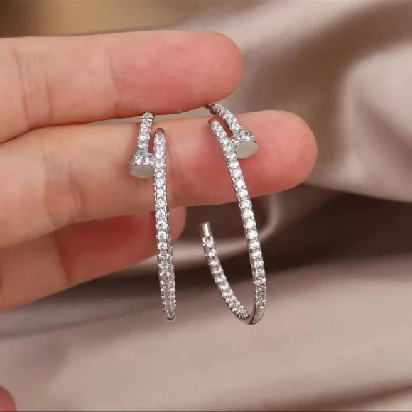 Silver Nail Crystal Hoop Earrings - Picture 1 of 6